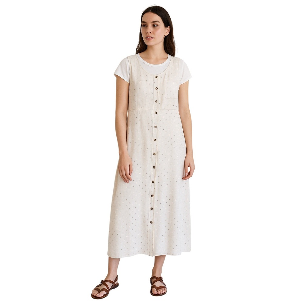 DIRECTIVES 90s Off white Sleeveless Button Front Midi Dress Pockets XL Americana